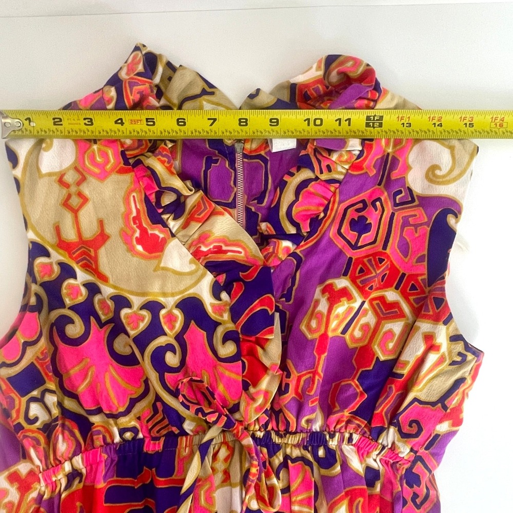 Vintage 60s mini dress Psychedelic Abstract Ruffle Neck Empire Waist Purple Pink - Picture 9 of 13